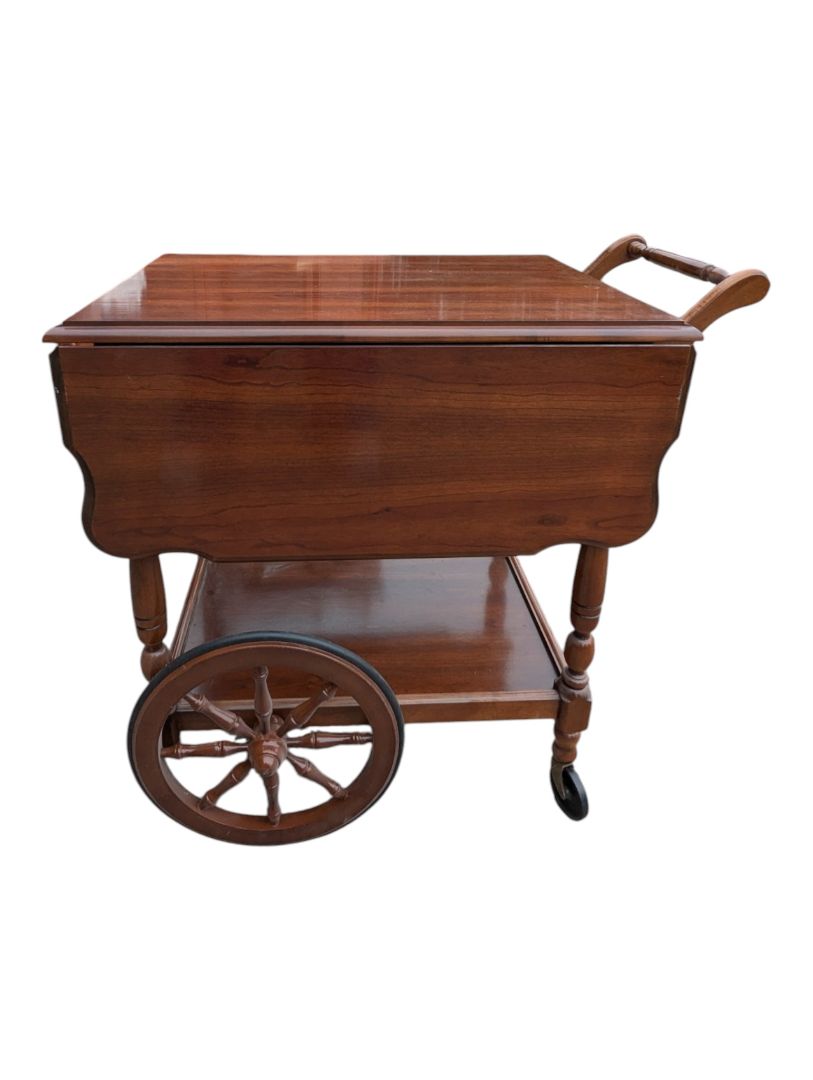 Vintage Drop-Leaf Wooden Tea Cart with Serving Tray