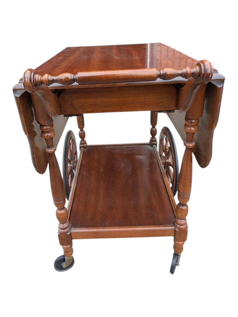 Vintage Drop-Leaf Wooden Tea Cart with Serving Tray