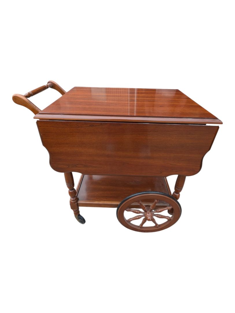 Vintage Drop-Leaf Wooden Tea Cart with Serving Tray