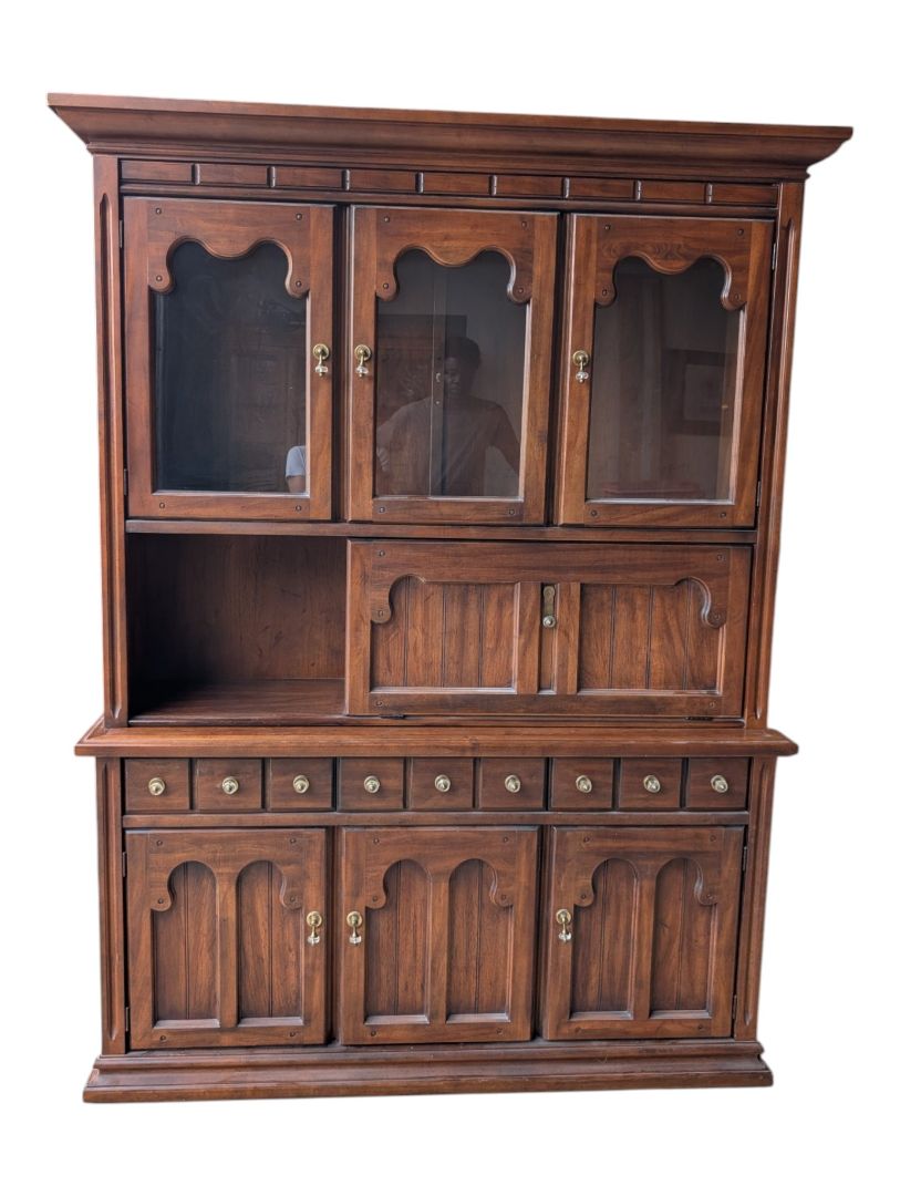 Vintage Solid Wood China Cabinet & Hutch with Glass Doors and Drop-Down Serving Surface