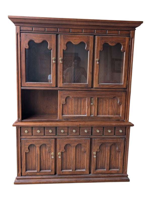 Vintage Solid Wood China Cabinet & Hutch with Glass Doors and Drop-Down Serving Surface