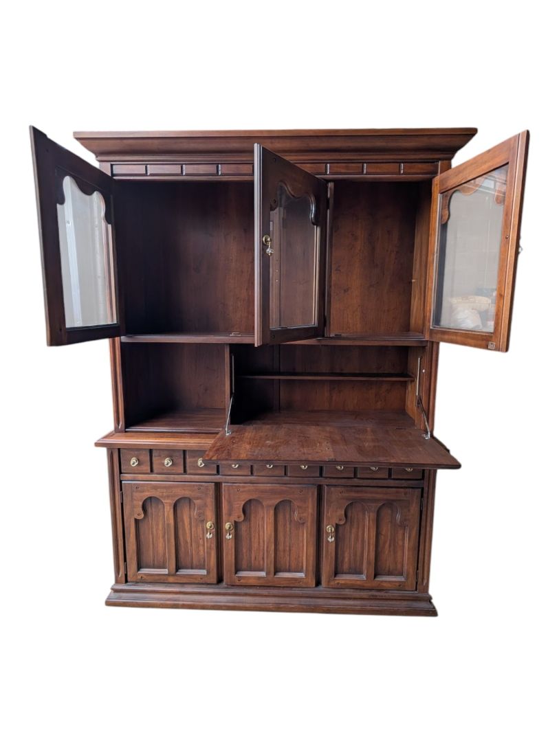 Vintage Solid Wood China Cabinet & Hutch with Glass Doors and Drop-Down Serving Surface