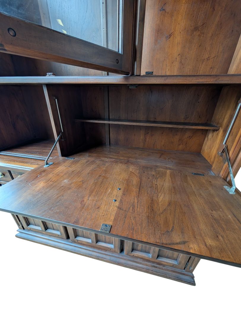 Vintage Solid Wood China Cabinet & Hutch with Glass Doors and Drop-Down Serving Surface