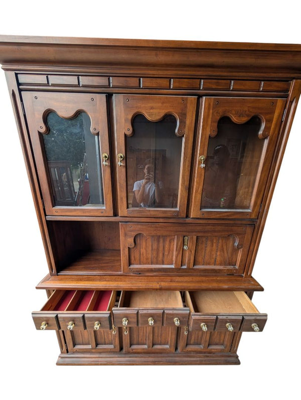 Vintage Solid Wood China Cabinet & Hutch with Glass Doors and Drop-Down Serving Surface