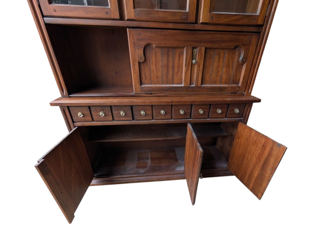 Vintage Solid Wood China Cabinet & Hutch with Glass Doors and Drop-Down Serving Surface