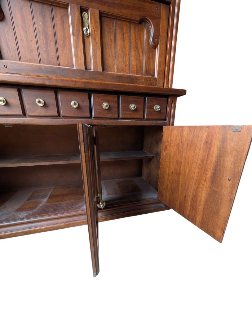 Vintage Solid Wood China Cabinet & Hutch with Glass Doors and Drop-Down Serving Surface