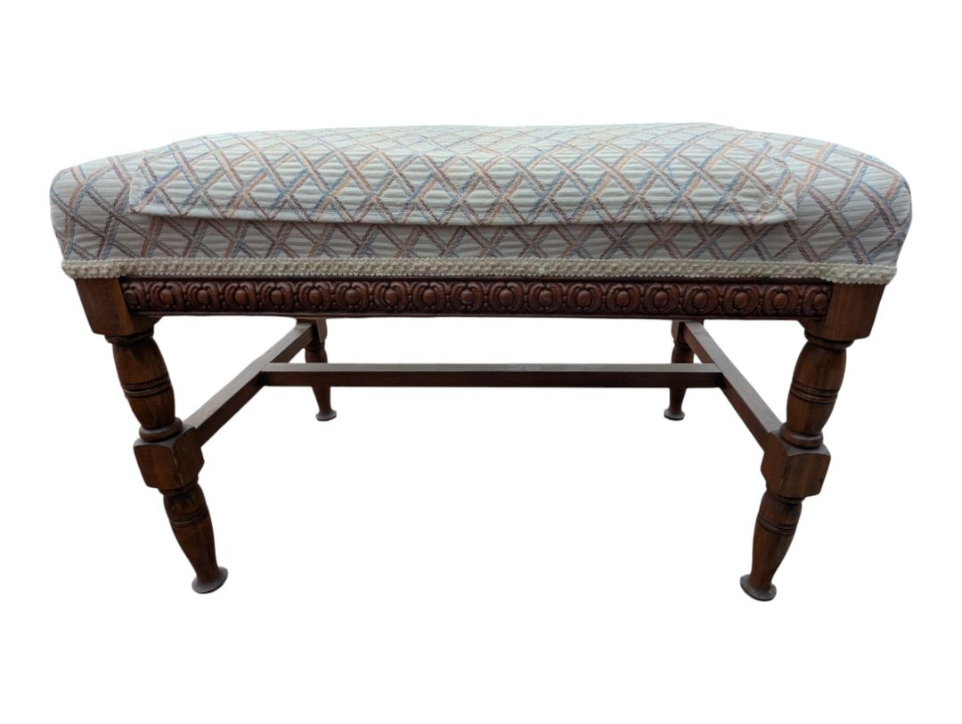 Vintage Carved Wood Upholstered Piano / Vanity Bench