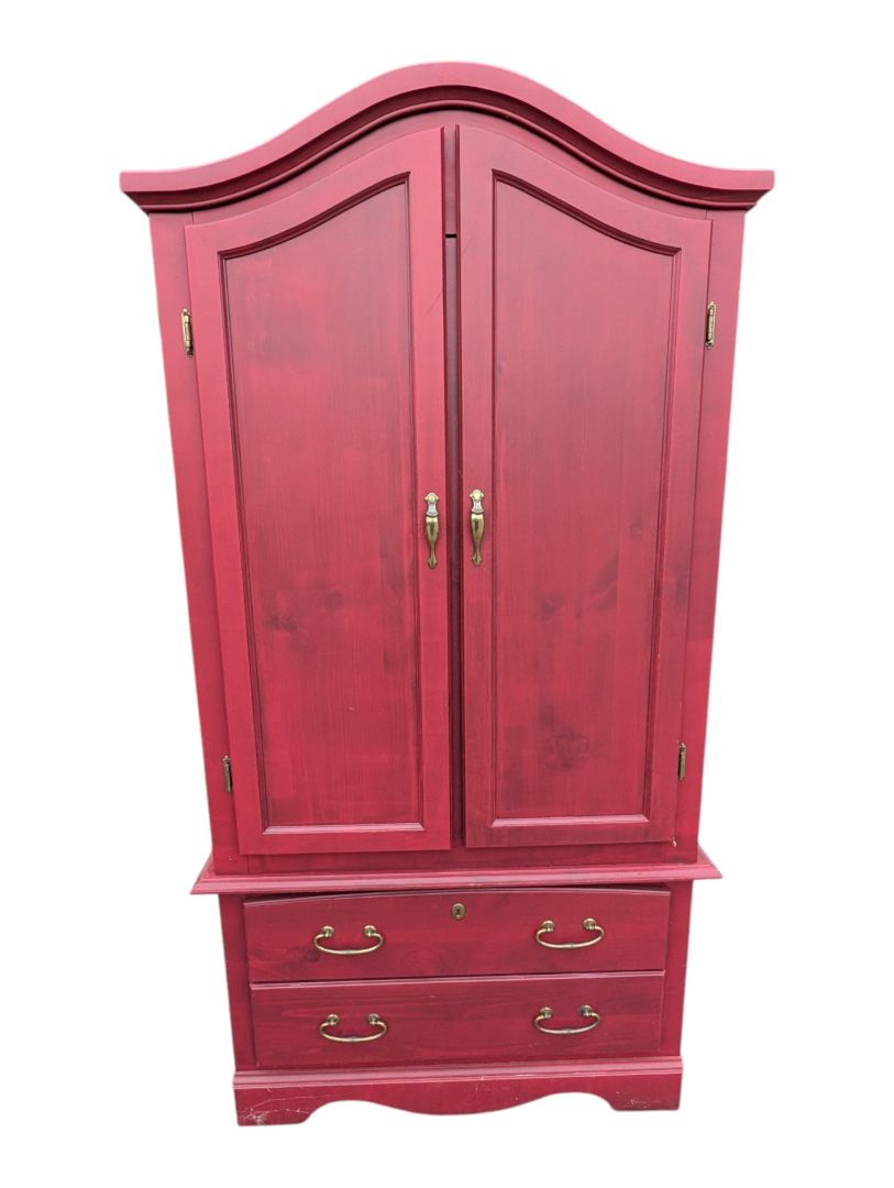 Red-Stained Wooden Armoire with Double Doors and Two Drawers
