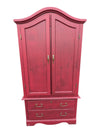 Red-Stained Wooden Armoire with Double Doors and Two Drawers