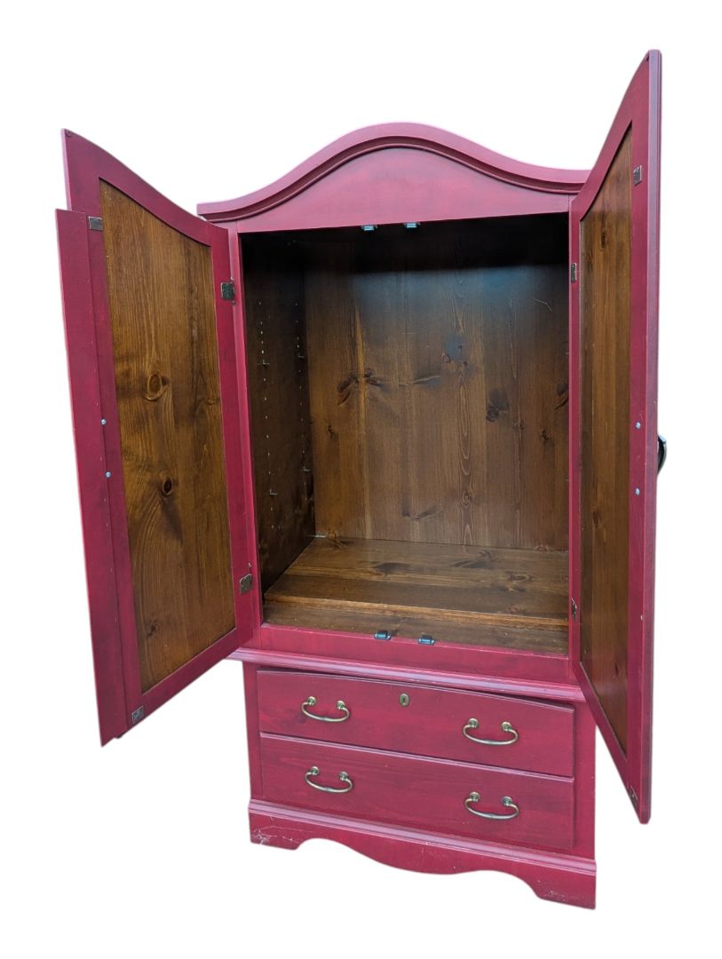 Red-Stained Wooden Armoire with Double Doors and Two Drawers