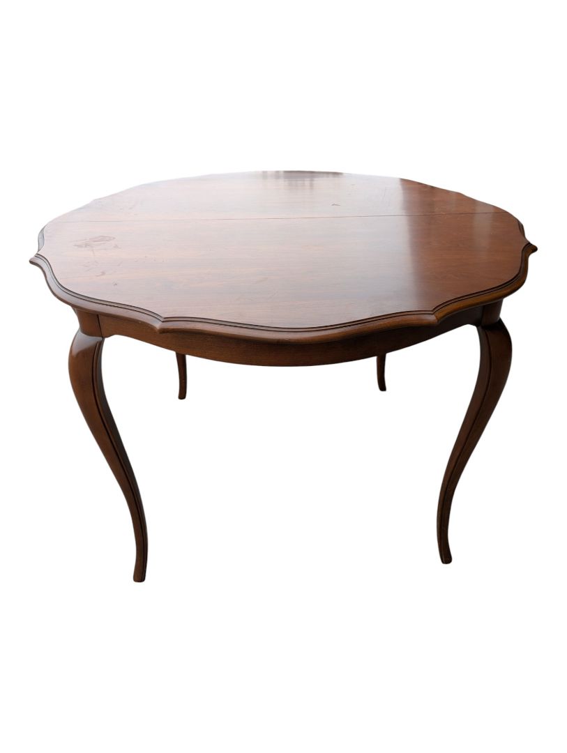 Vintage Extendable Scalloped Wood Dining Table with Leaf