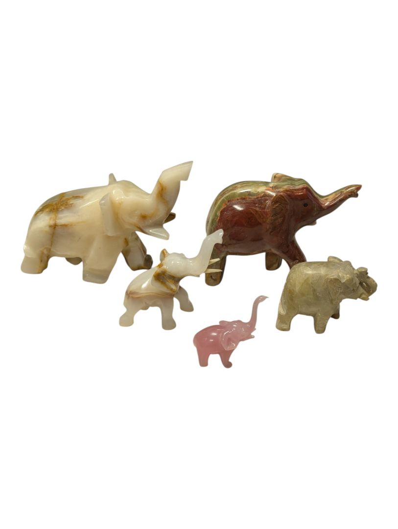 Lot of Five Carved Stone Elephant Figurines