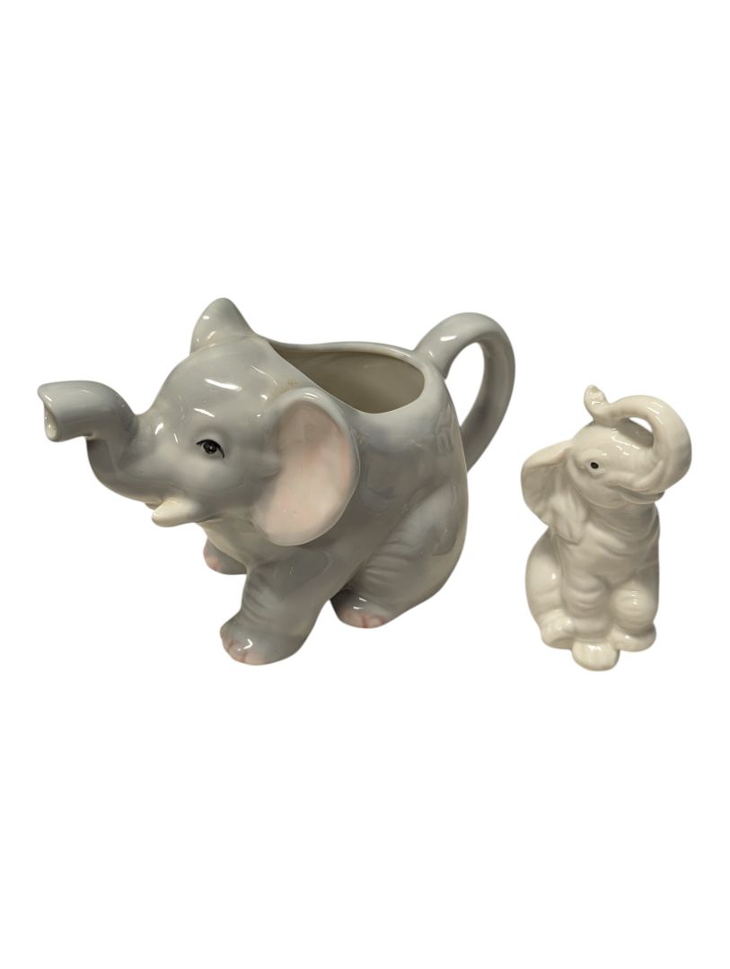 Lot of Two Decorative Elephant Figurines – Ceramic Creamer & Porcelain Figurine