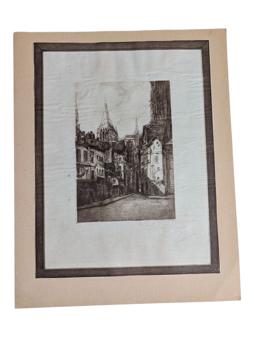 Vintage European Cathedral Street Scene Etching on Mat Board