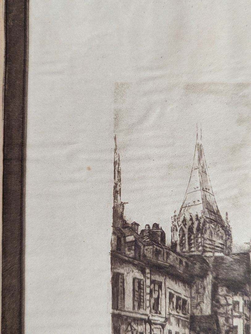 Vintage European Cathedral Street Scene Etching on Mat Board