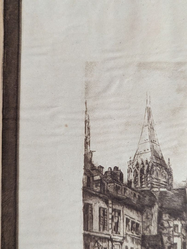 Vintage European Cathedral Street Scene Etching on Mat Board