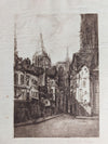 Vintage European Cathedral Street Scene Etching on Mat Board