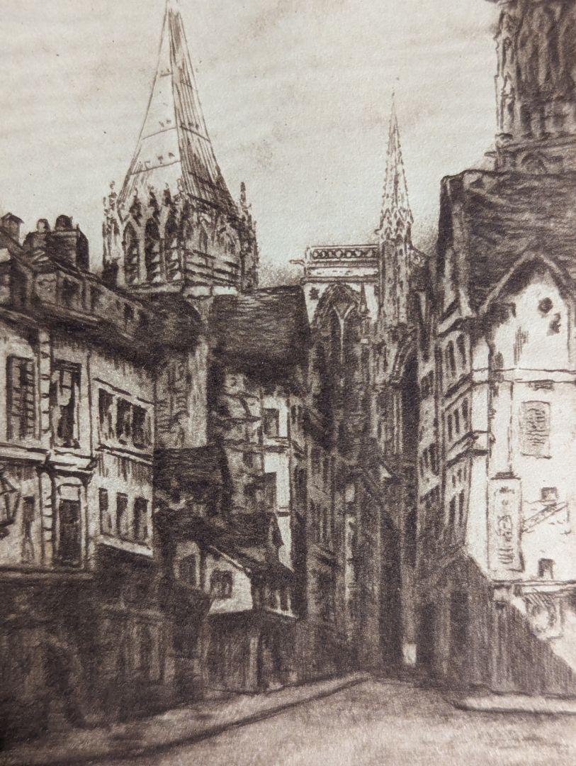 Vintage European Cathedral Street Scene Etching on Mat Board