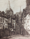 Vintage European Cathedral Street Scene Etching on Mat Board
