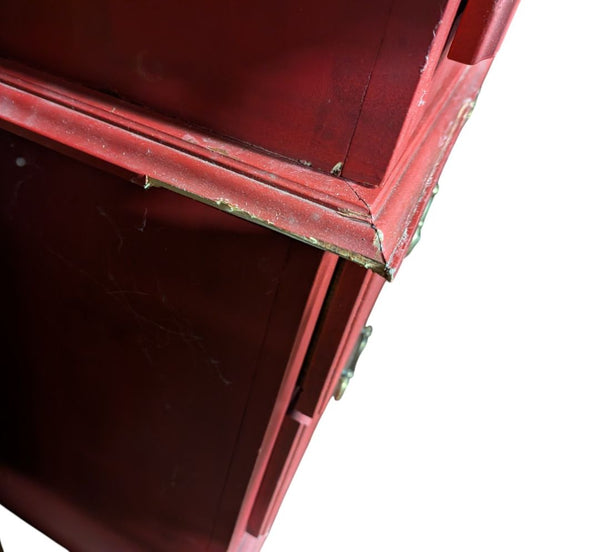 Red-Stained Wooden Armoire with Double Doors and Two Drawers