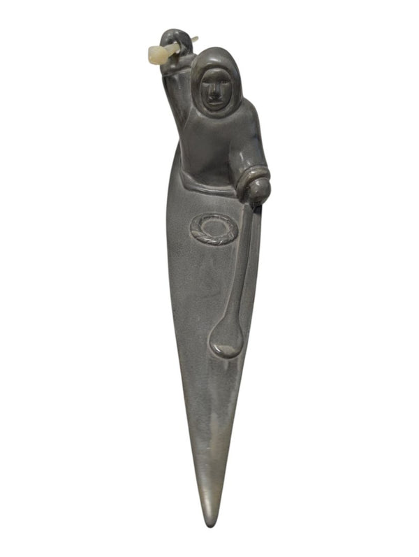Signed “Thory Canada” Inuit-Style Hunter in Kayak Sculpture
