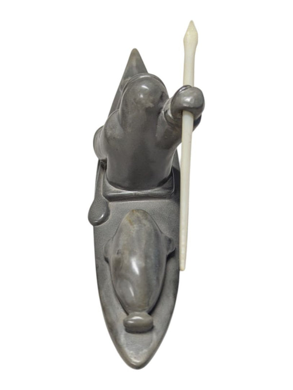 Signed “Thory Canada” Inuit-Style Hunter in Kayak Sculpture
