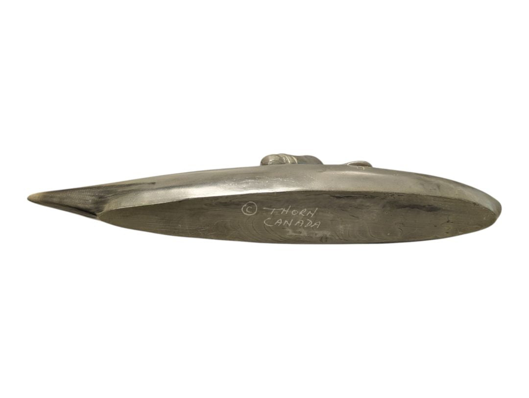 Signed “Thory Canada” Inuit-Style Hunter in Kayak Sculpture
