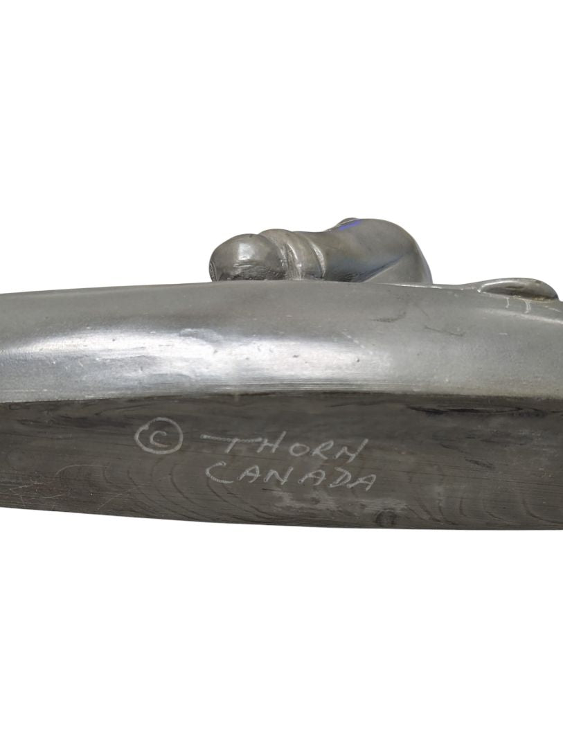 Signed “Thory Canada” Inuit-Style Hunter in Kayak Sculpture