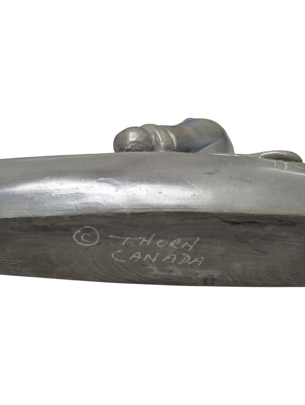 Signed “Thory Canada” Inuit-Style Hunter in Kayak Sculpture