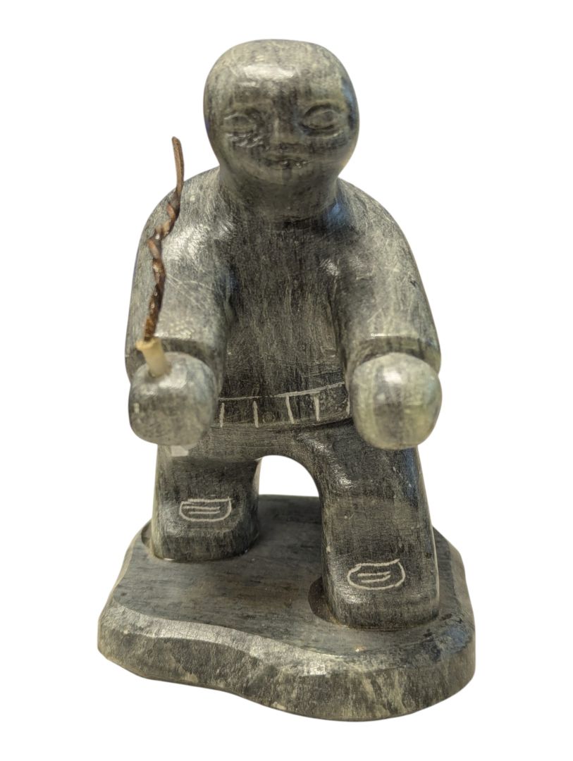 Vintage Inuit-Style Carved Stone Figure with Hand Tool