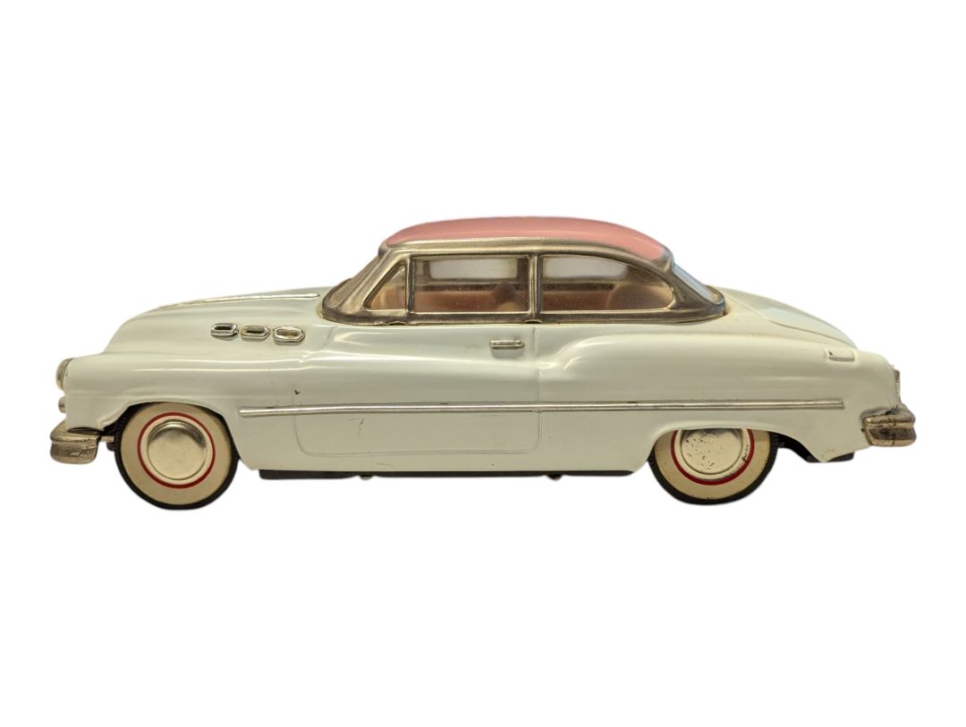 Vintage Tin Litho Style Toy Car – White & Pink