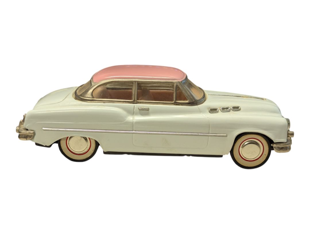 Vintage Tin Litho Style Toy Car – White & Pink