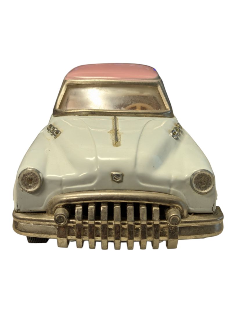 Vintage Tin Litho Style Toy Car – White & Pink