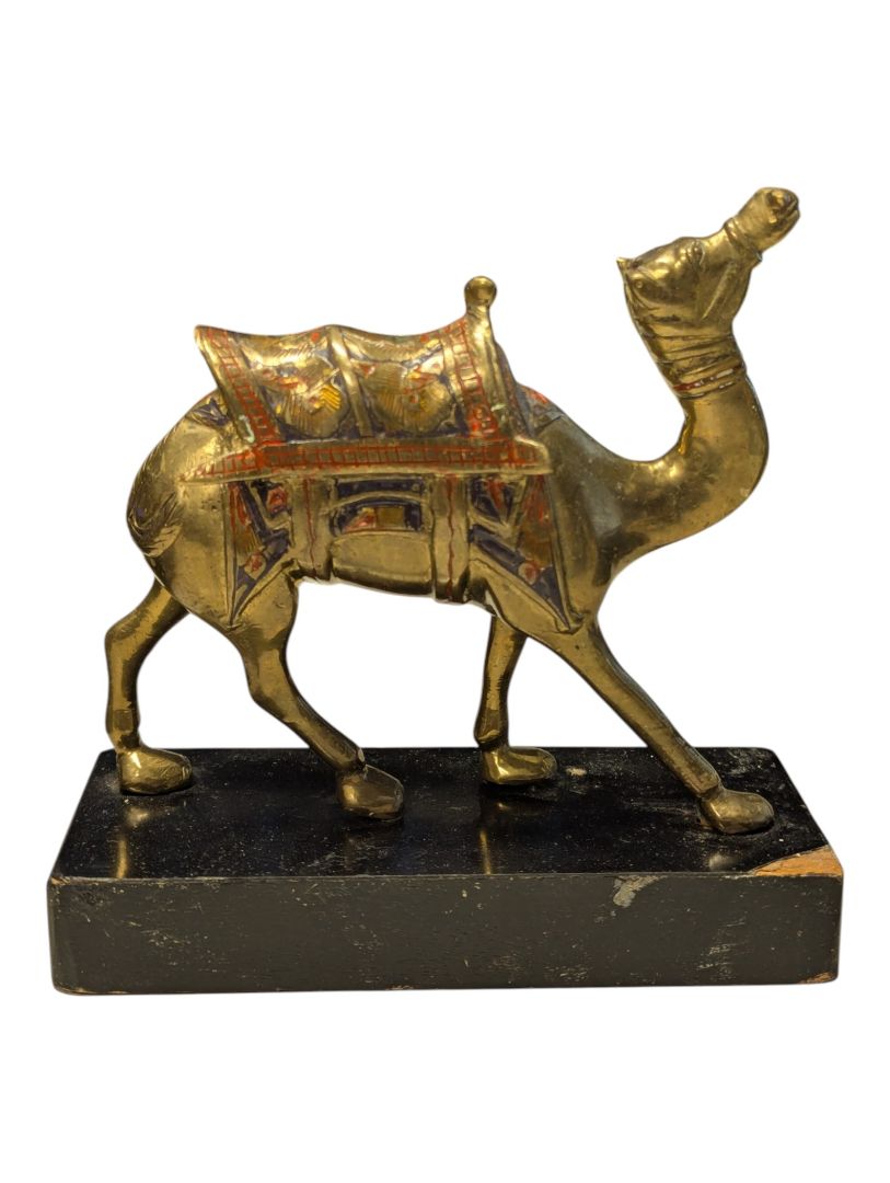Brass Camel Figurine on Black Wood Base
