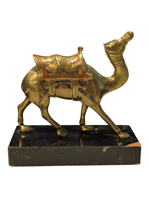 Brass Camel Figurine on Black Wood Base