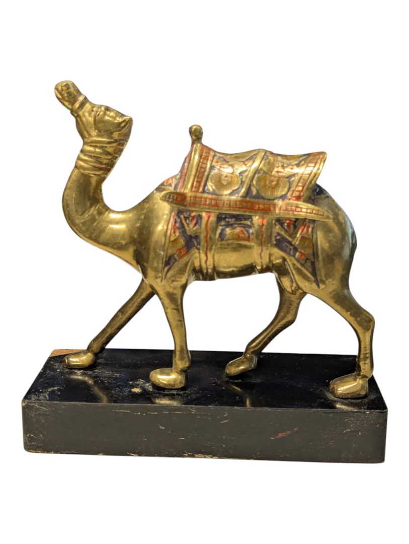 Brass Camel Figurine on Black Wood Base