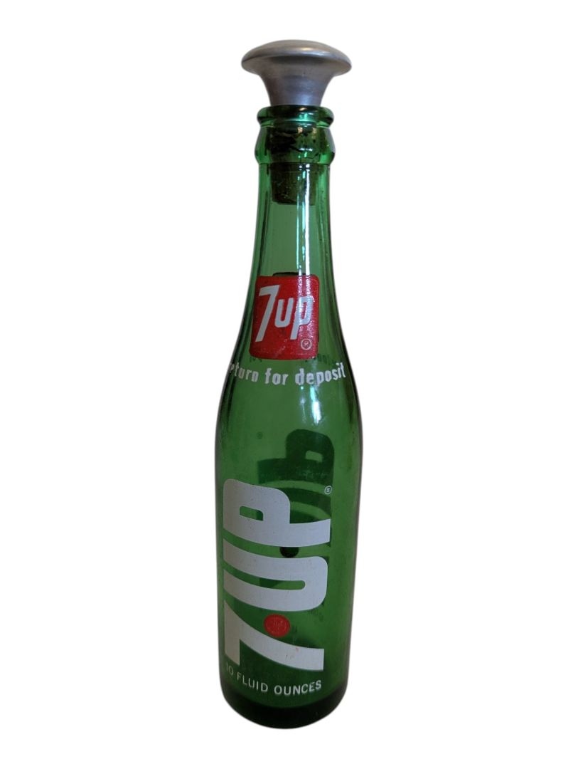 Vintage 7UP Green Glass Bottle with Metal Sprinkler Top