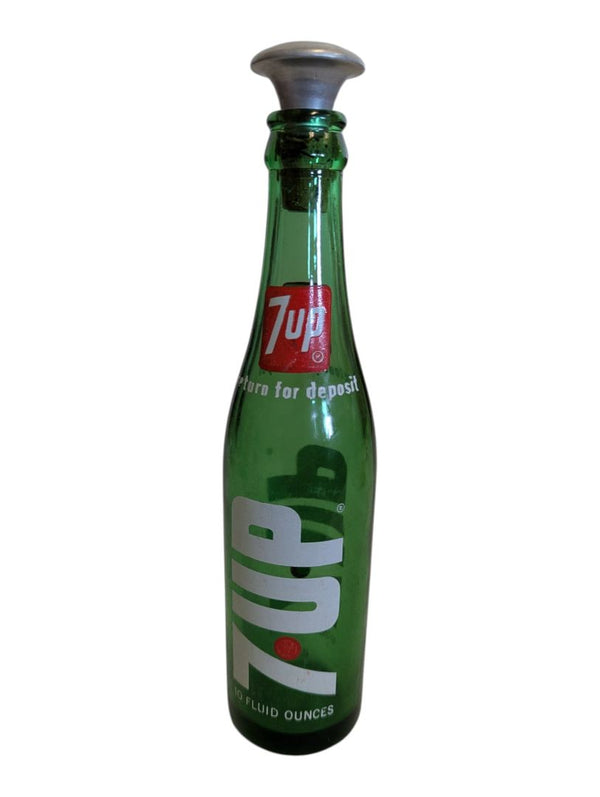 Vintage 7UP Green Glass Bottle with Metal Sprinkler Top