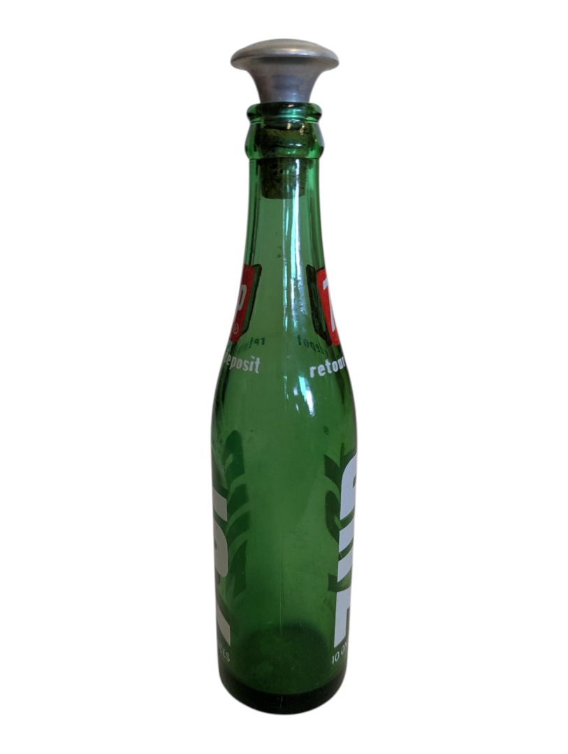 Vintage 7UP Green Glass Bottle with Metal Sprinkler Top