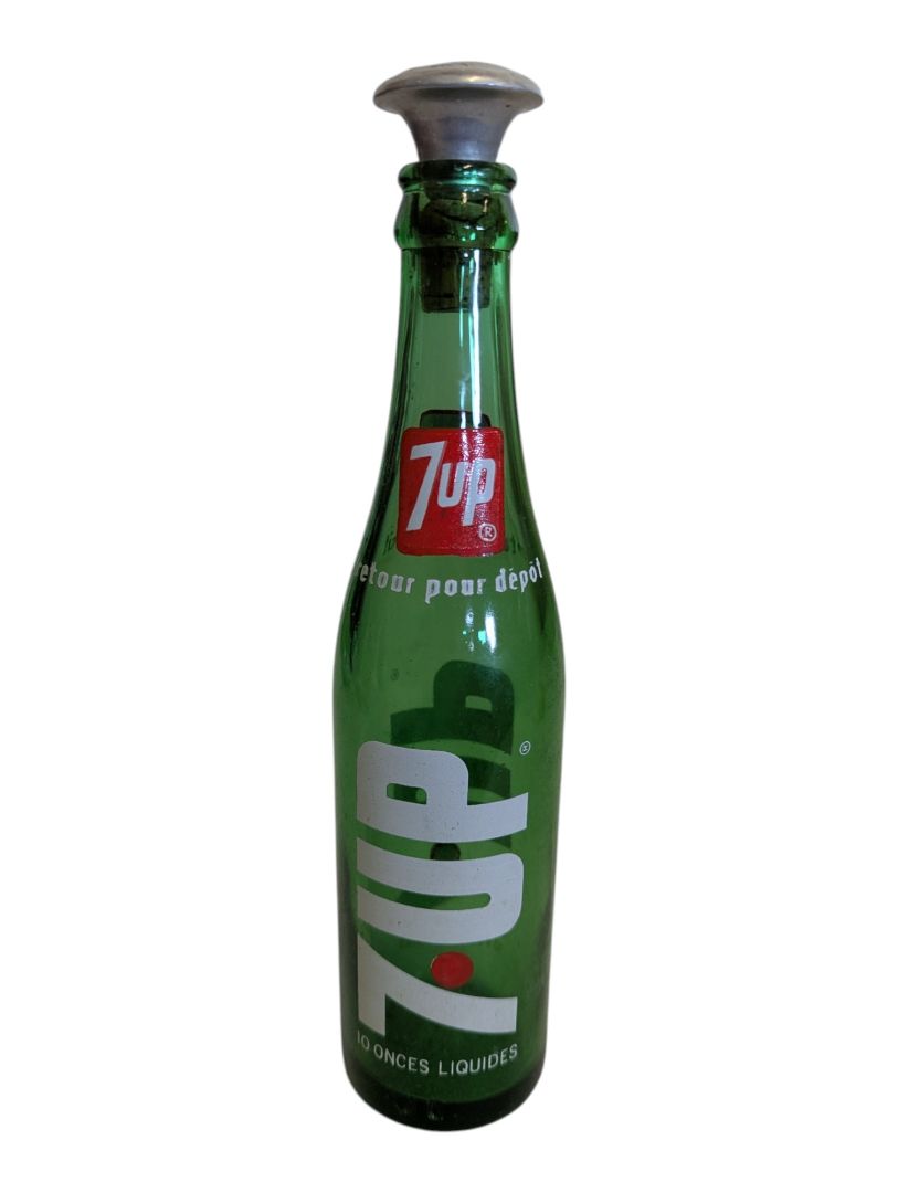 Vintage 7UP Green Glass Bottle with Metal Sprinkler Top
