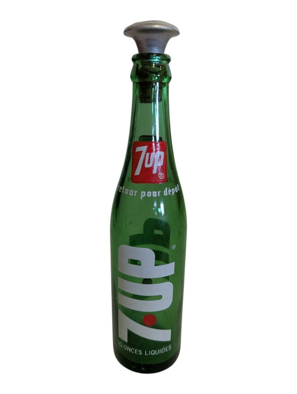 Vintage 7UP Green Glass Bottle with Metal Sprinkler Top