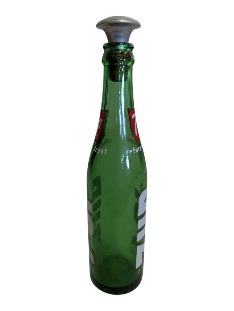 Vintage 7UP Green Glass Bottle with Metal Sprinkler Top
