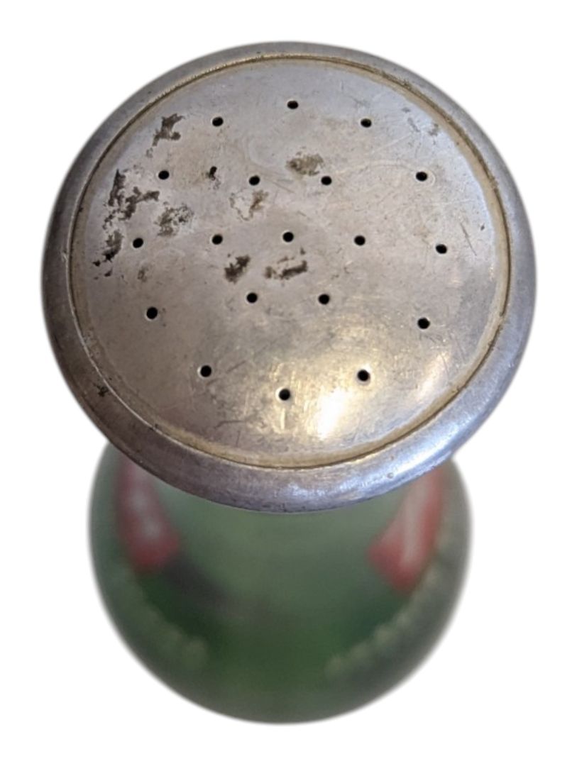 Vintage 7UP Green Glass Bottle with Metal Sprinkler Top
