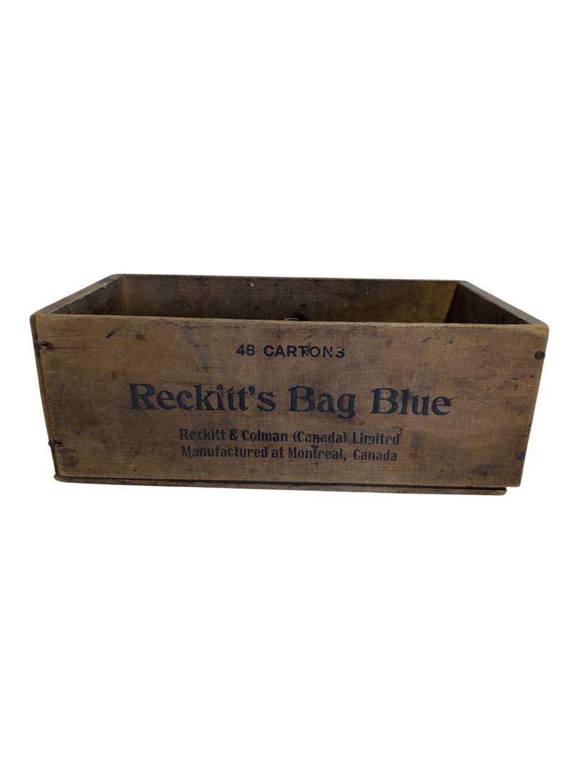Vintage Reckitt’s Bag Blue Wooden Advertising Crate