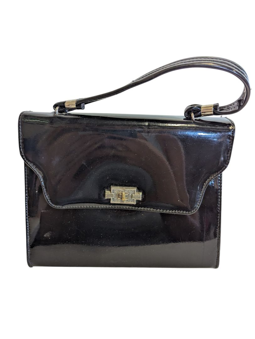 Vintage Black Patent Finish Structured Handbag