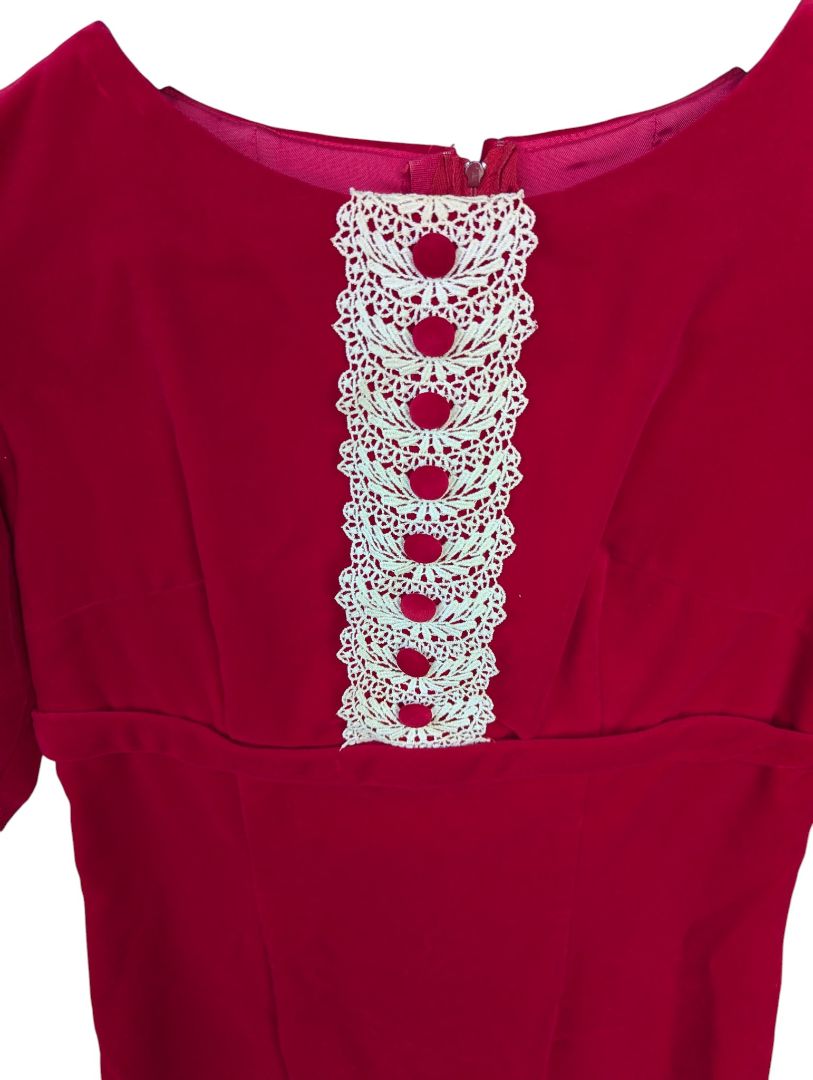 Red Short Sleeve Dress with White Lace Detail