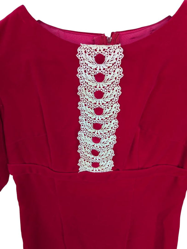 Red Short Sleeve Dress with White Lace Detail