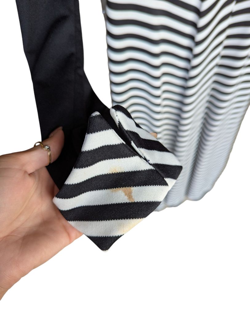 Black & White Striped Long-Sleeve Maxi Dress with Red Waist Accent