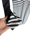 Black & White Striped Long-Sleeve Maxi Dress with Red Waist Accent