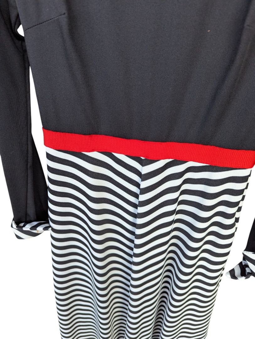 Black & White Striped Long-Sleeve Maxi Dress with Red Waist Accent